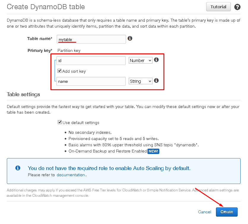 Выбрав Create DynamoDB table, мы попадем в диалоговое окно, где нужно задать имя таблицы, а также первичное поле, по которому можно найти запись. В дополнении, можно задать правило сортировки объектов.